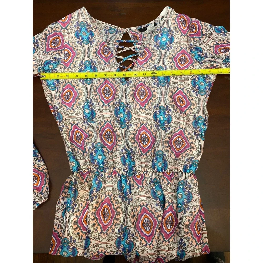 B. Smart Shorts Romper Paisley Lace Up‎ Long Sleeve Blue Pink Womens SZ  7